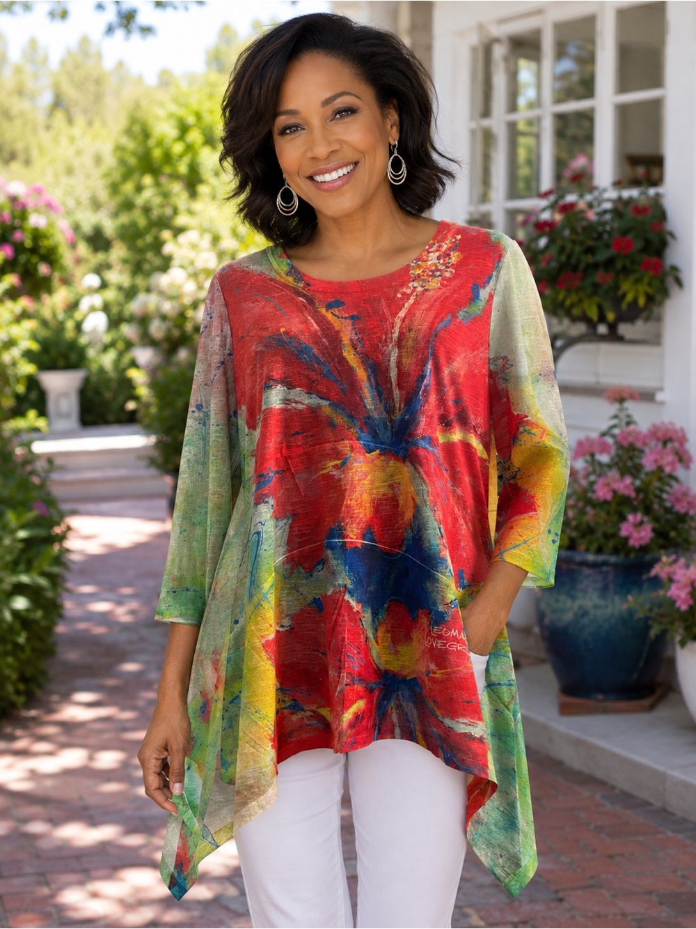 Abstract Floral Red & Multicolor Asymmetrical Tunic Top